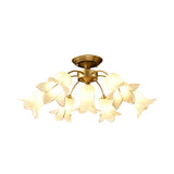 7 Bulbs Ceiling Light Countryside Lily/Tulip White/Yellow/Purple Glass Semi Flush Mount Lighting for Living Room Clearhalo 'Ceiling Lights' 'Close To Ceiling Lights' 'Close to ceiling' 'Semi-flushmount' Lighting' 401532