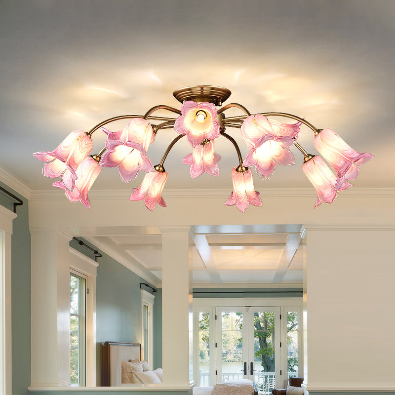 10 Heads Ceiling Mounted Fixture Pastoral Bedroom LED Semi Flush Mount Lighting with Lily/Tulip White/Purple/Beige Glass Shade Purple Clearhalo 'Ceiling Lights' 'Close To Ceiling Lights' 'Close to ceiling' 'Semi-flushmount' Lighting' 401533