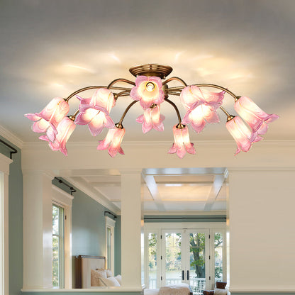 10 Heads Ceiling Mounted Fixture Pastoral Bedroom LED Semi Flush Mount Lighting with Lily/Tulip White/Purple/Beige Glass Shade Purple Clearhalo 'Ceiling Lights' 'Close To Ceiling Lights' 'Close to ceiling' 'Semi-flushmount' Lighting' 401533