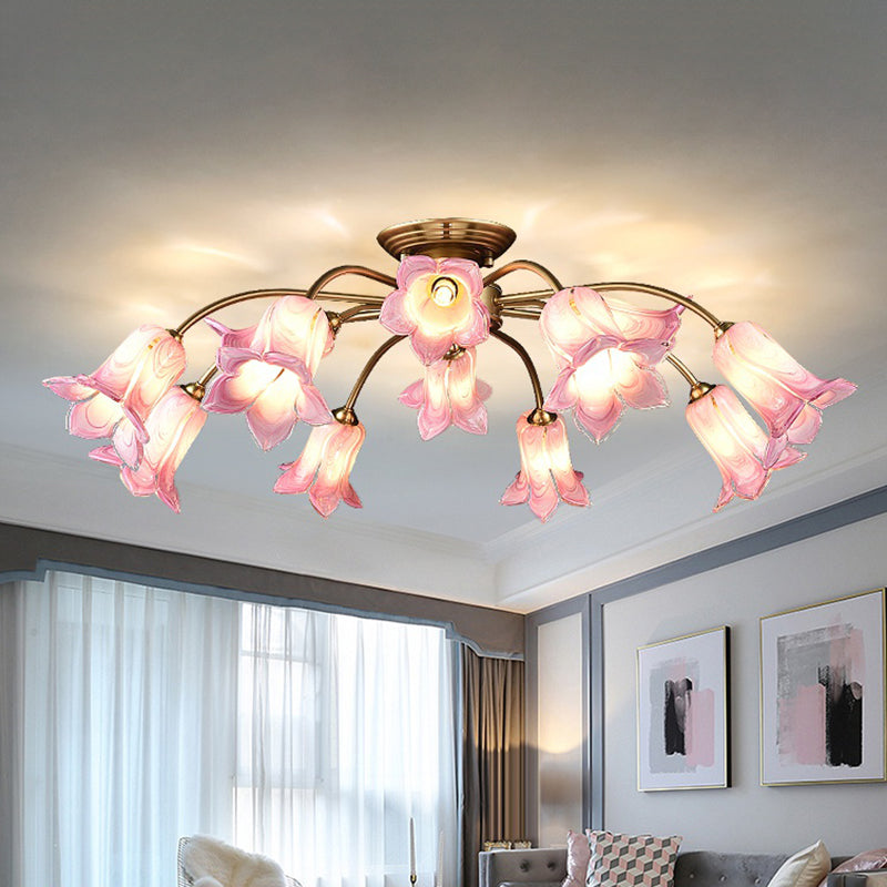 10 Heads Ceiling Mounted Fixture Pastoral Bedroom LED Semi Flush Mount Lighting with Lily/Tulip White/Purple/Beige Glass Shade Clearhalo 'Ceiling Lights' 'Close To Ceiling Lights' 'Close to ceiling' 'Semi-flushmount' Lighting' 401534