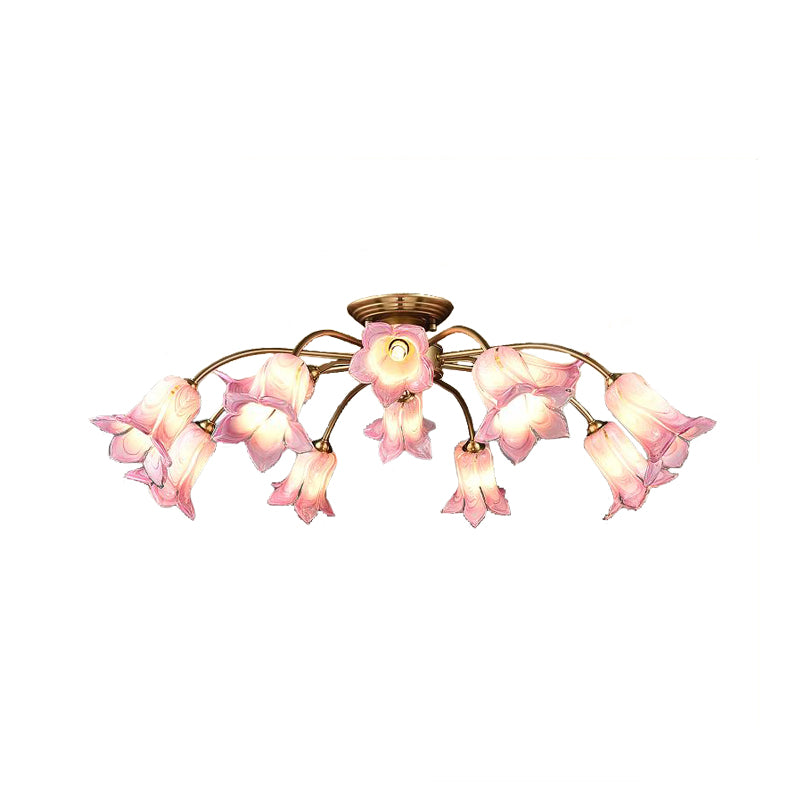 10 Heads Ceiling Mounted Fixture Pastoral Bedroom LED Semi Flush Mount Lighting with Lily/Tulip White/Purple/Beige Glass Shade Clearhalo 'Ceiling Lights' 'Close To Ceiling Lights' 'Close to ceiling' 'Semi-flushmount' Lighting' 401535