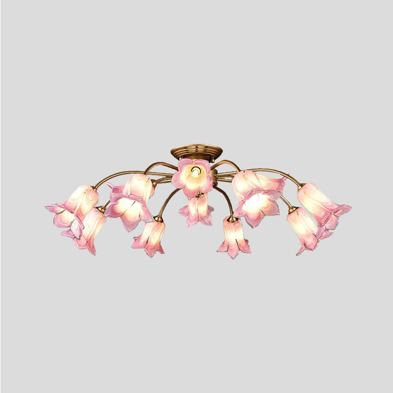 10 Heads Ceiling Mounted Fixture Pastoral Bedroom LED Semi Flush Mount Lighting with Lily/Tulip White/Purple/Beige Glass Shade Clearhalo 'Ceiling Lights' 'Close To Ceiling Lights' 'Close to ceiling' 'Semi-flushmount' Lighting' 401536