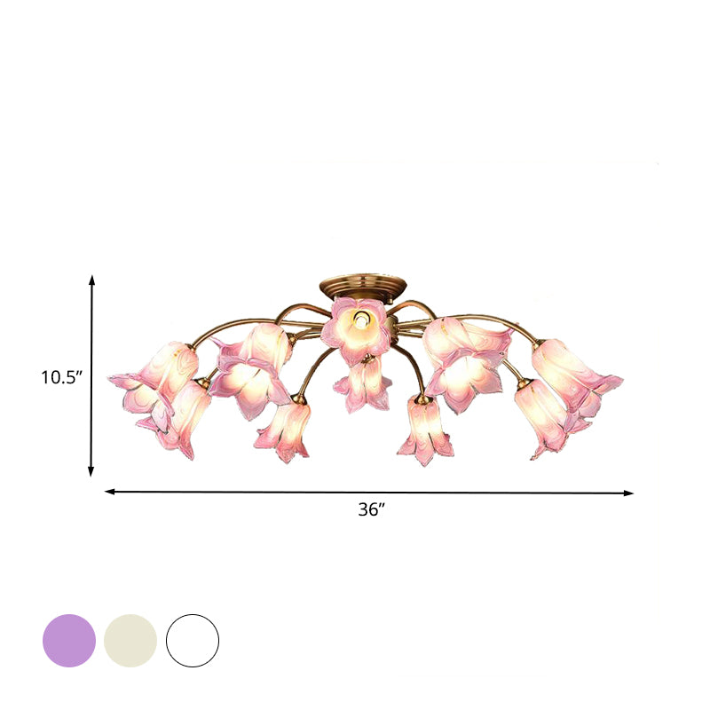 10 Heads Ceiling Mounted Fixture Pastoral Bedroom LED Semi Flush Mount Lighting with Lily/Tulip White/Purple/Beige Glass Shade Clearhalo 'Ceiling Lights' 'Close To Ceiling Lights' 'Close to ceiling' 'Semi-flushmount' Lighting' 401537