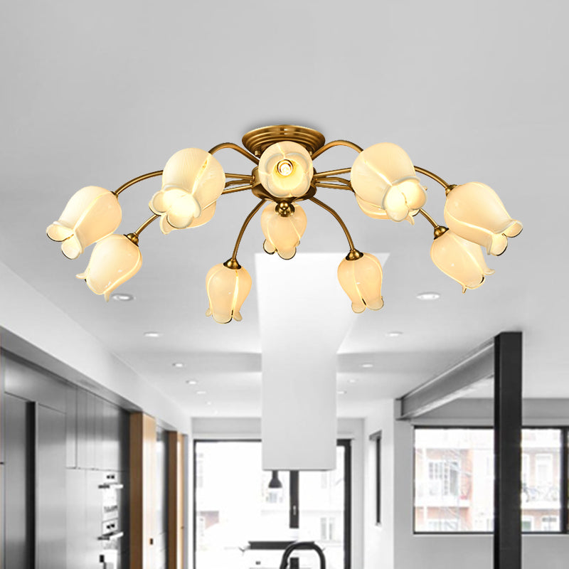 10 Heads Ceiling Mounted Fixture Pastoral Bedroom LED Semi Flush Mount Lighting with Lily/Tulip White/Purple/Beige Glass Shade Beige Clearhalo 'Ceiling Lights' 'Close To Ceiling Lights' 'Close to ceiling' 'Semi-flushmount' Lighting' 401538