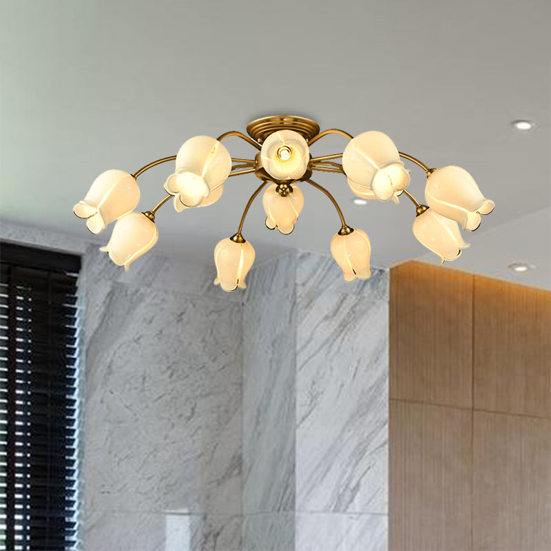 10 Heads Ceiling Mounted Fixture Pastoral Bedroom LED Semi Flush Mount Lighting with Lily/Tulip White/Purple/Beige Glass Shade Clearhalo 'Ceiling Lights' 'Close To Ceiling Lights' 'Close to ceiling' 'Semi-flushmount' Lighting' 401539