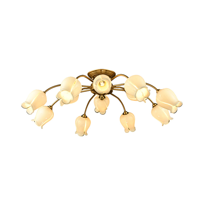 10 Heads Ceiling Mounted Fixture Pastoral Bedroom LED Semi Flush Mount Lighting with Lily/Tulip White/Purple/Beige Glass Shade Clearhalo 'Ceiling Lights' 'Close To Ceiling Lights' 'Close to ceiling' 'Semi-flushmount' Lighting' 401540