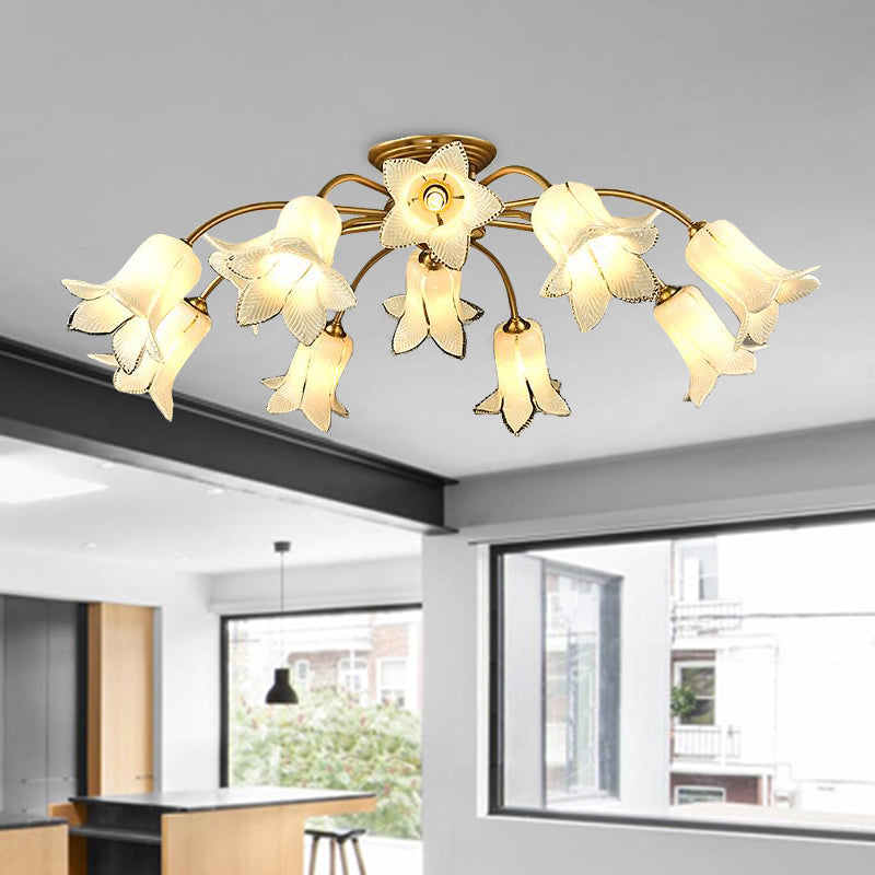 10 Heads Ceiling Mounted Fixture Pastoral Bedroom LED Semi Flush Mount Lighting with Lily/Tulip White/Purple/Beige Glass Shade Clearhalo 'Ceiling Lights' 'Close To Ceiling Lights' 'Close to ceiling' 'Semi-flushmount' Lighting' 401542