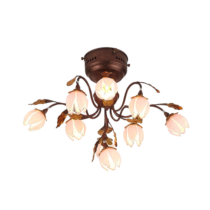 Lotus Metal Ceiling Lamp Pastoral Style 9 Bulbs Living Room Semi Flush Mount Light Fixture in Dark Brown Clearhalo 'Ceiling Lights' 'Close To Ceiling Lights' 'Close to ceiling' 'Semi-flushmount' Lighting' 401546