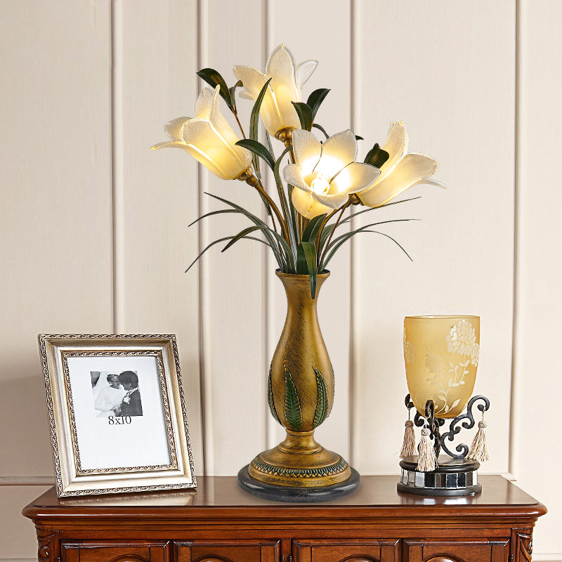 Lily Purple/White Glass Nightstand Light American Garden 4 Bulbs Living Room Night Table Lighting Clearhalo 'Lamps' 'Table Lamps' Lighting' 401693