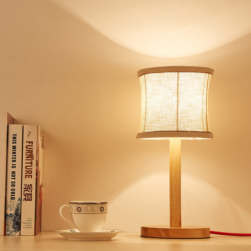 1 Bulb Bedroom Task Light Chinese Beige Night Table Lamp with Barrel Fabric Shade Beige Clearhalo 'Lamps' 'Table Lamps' Lighting' 402066