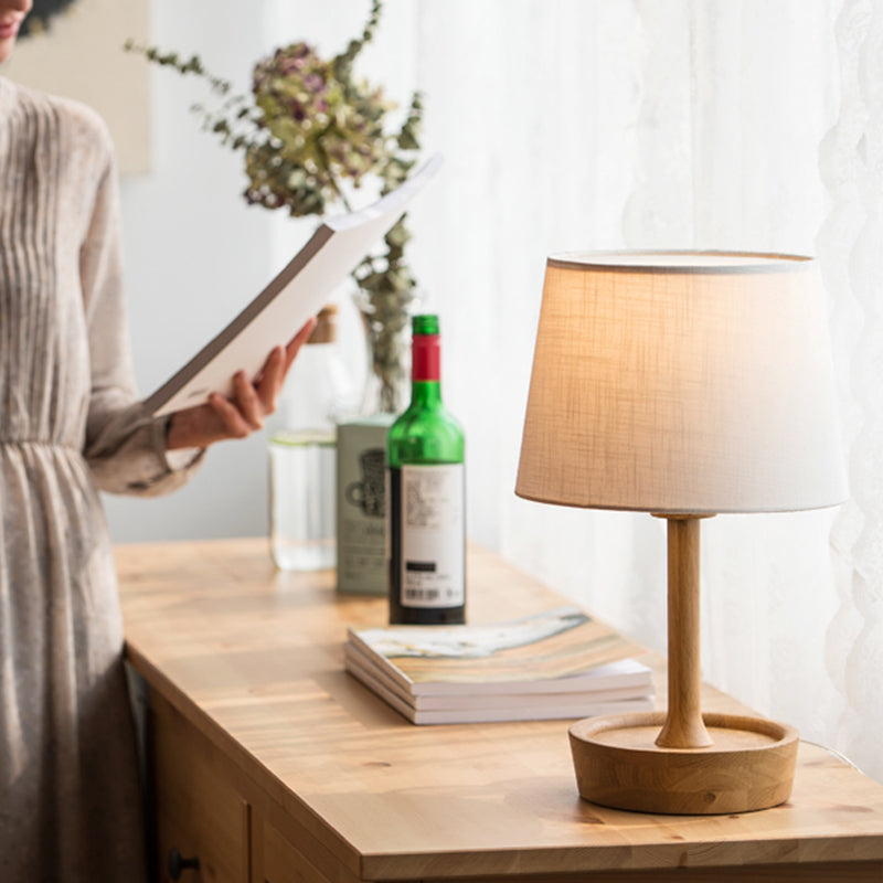 Cone Shade Fabric Task Lamp Modern 1 Bulb Flaxen/White Reading Light, Round Beige Wood Base Clearhalo 'Lamps' 'Table Lamps' Lighting' 402135