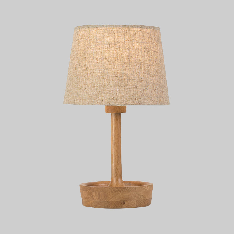 Cone Shade Fabric Task Lamp Modern 1 Bulb Flaxen/White Reading Light, Round Beige Wood Base Clearhalo 'Lamps' 'Table Lamps' Lighting' 402137