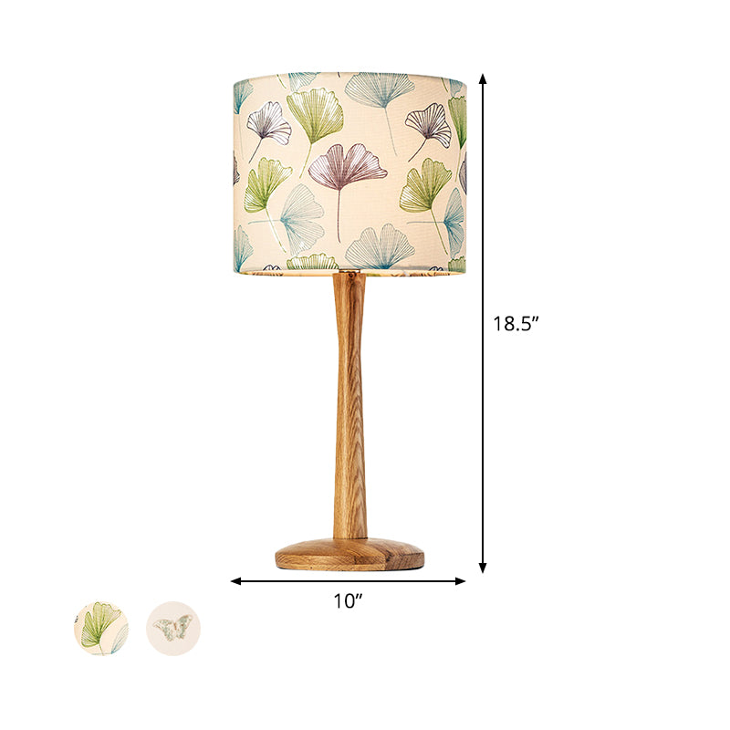 Wood Barrel Study Lamp Modernism 1 Head Fabric Task Lighting with Butterfly/Flower Pattern Clearhalo 'Lamps' 'Table Lamps' Lighting' 402166
