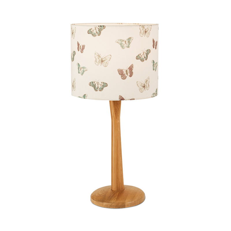 Wood Barrel Study Lamp Modernism 1 Head Fabric Task Lighting with Butterfly/Flower Pattern Clearhalo 'Lamps' 'Table Lamps' Lighting' 402170