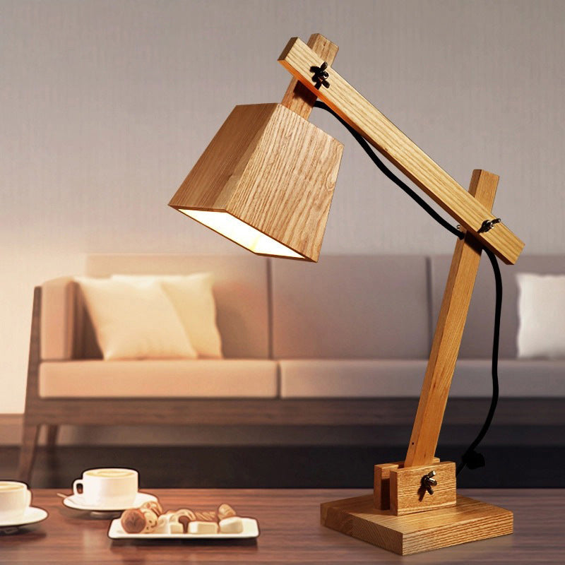 1 Bulb Bedroom Table Light Modern Brown Small Desk Lamp with Trapezoid Wood Shade Wood Clearhalo 'Lamps' 'Table Lamps' Lighting' 402456