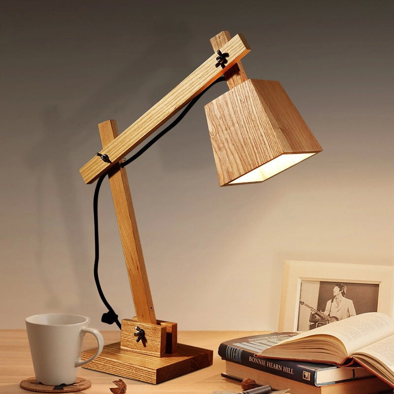1 Bulb Bedroom Table Light Modern Brown Small Desk Lamp with Trapezoid Wood Shade Clearhalo 'Lamps' 'Table Lamps' Lighting' 402457