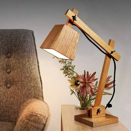 1 Bulb Bedroom Table Light Modern Brown Small Desk Lamp with Trapezoid Wood Shade Clearhalo 'Lamps' 'Table Lamps' Lighting' 402458