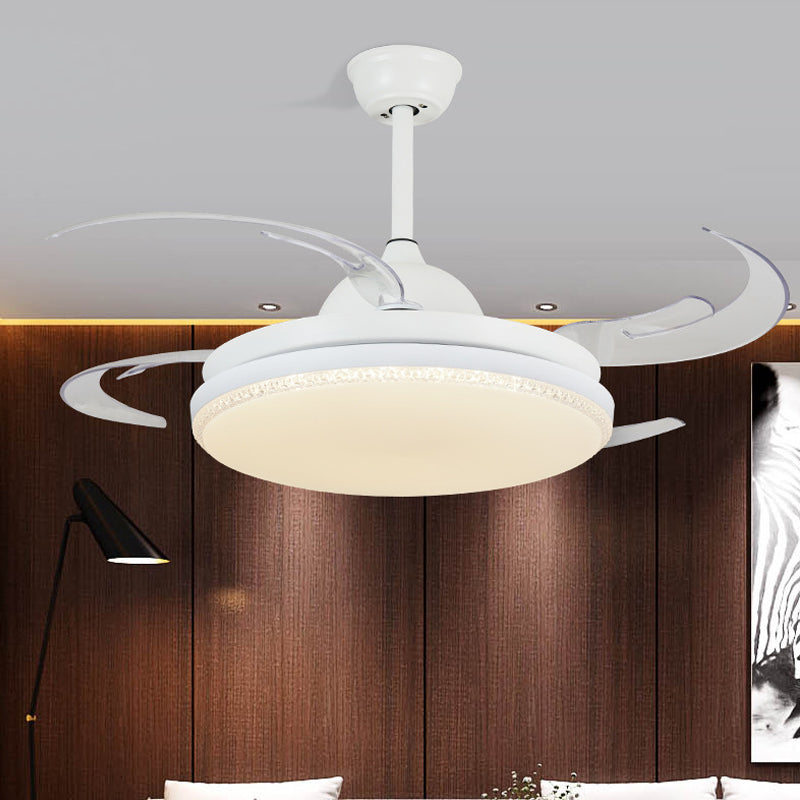 42" W LED Hanging Fan Lighting Contemporary Living Room Semi Flush Ceiling Light with Round Acrylic Shade in White, 4 Blades Clearhalo 'Ceiling Fans with Lights' 'Ceiling Fans' 'Modern Ceiling Fans' 'Modern' Lighting' 402462