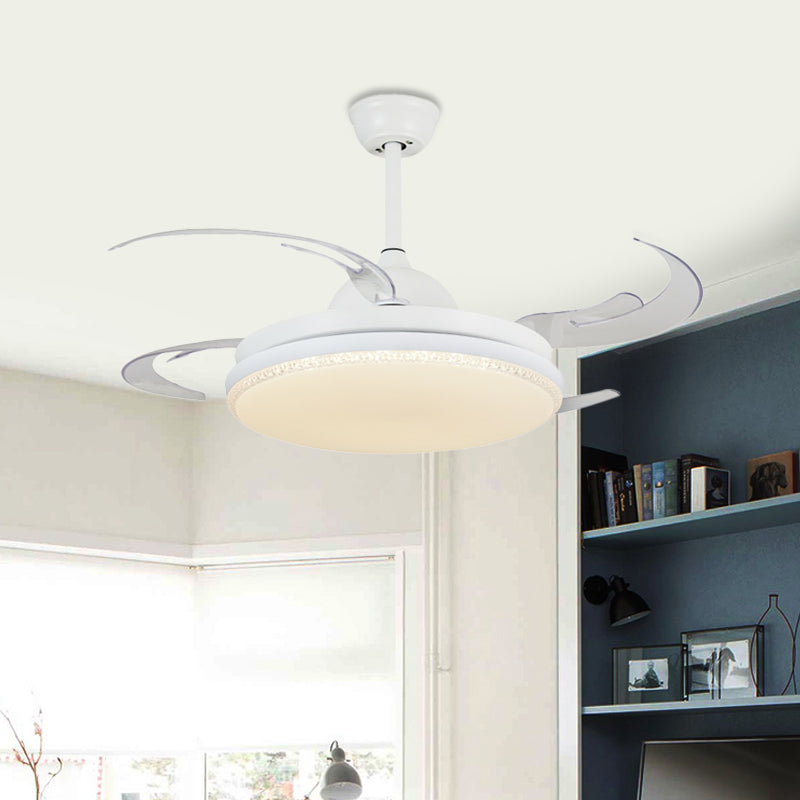 42" W LED Hanging Fan Lighting Contemporary Living Room Semi Flush Ceiling Light with Round Acrylic Shade in White, 4 Blades Clearhalo 'Ceiling Fans with Lights' 'Ceiling Fans' 'Modern Ceiling Fans' 'Modern' Lighting' 402463