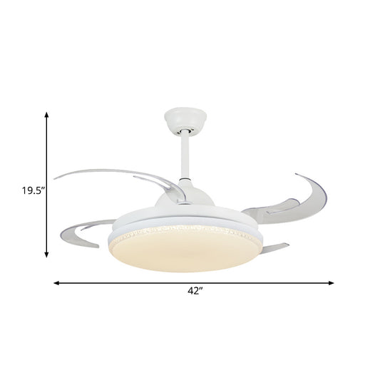 42" W LED Hanging Fan Lighting Contemporary Living Room Semi Flush Ceiling Light with Round Acrylic Shade in White, 4 Blades Clearhalo 'Ceiling Fans with Lights' 'Ceiling Fans' 'Modern Ceiling Fans' 'Modern' Lighting' 402465