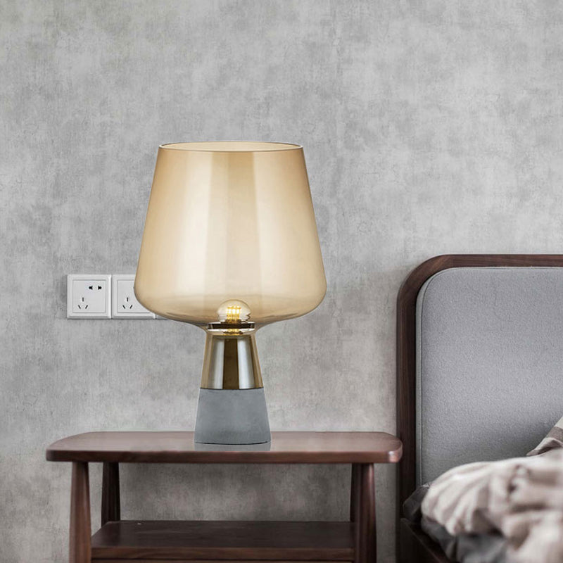 Modernism Cup Desk Light Cognac/Smoke Gray Glass 1 Head Bedside Table Lamp with Cement Base Clearhalo 'Lamps' 'Table Lamps' Lighting' 402472