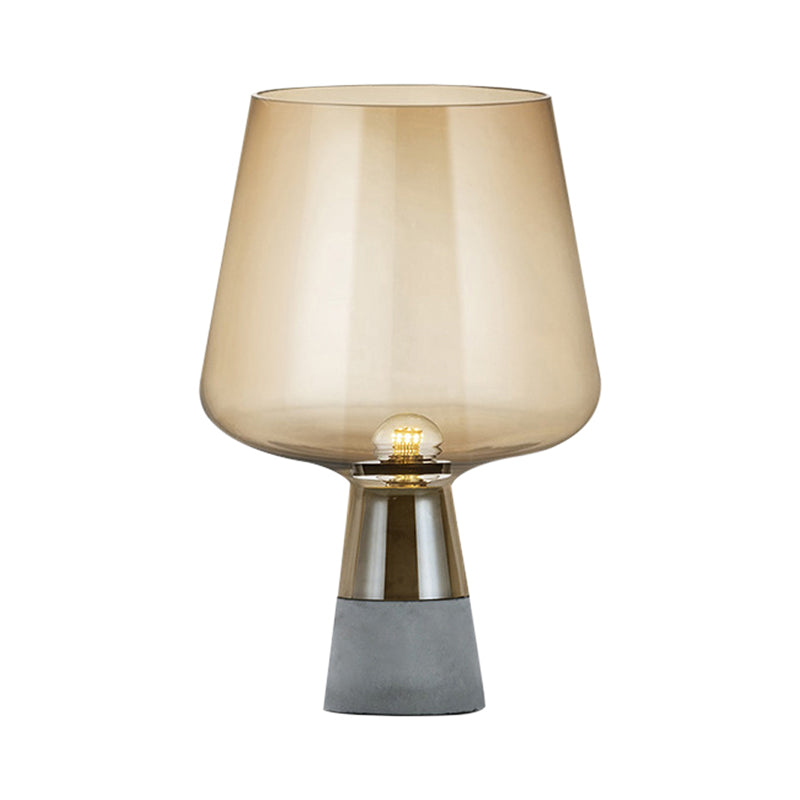 Modernism Cup Desk Light Cognac/Smoke Gray Glass 1 Head Bedside Table Lamp with Cement Base Clearhalo 'Lamps' 'Table Lamps' Lighting' 402474