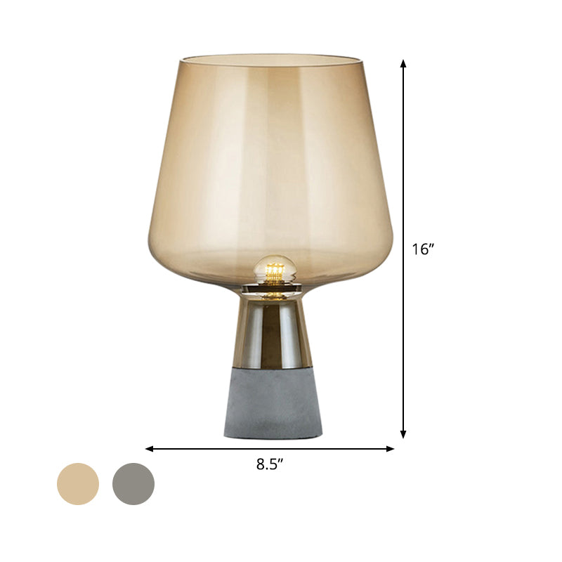 Modernism Cup Desk Light Cognac/Smoke Gray Glass 1 Head Bedside Table Lamp with Cement Base Clearhalo 'Lamps' 'Table Lamps' Lighting' 402475
