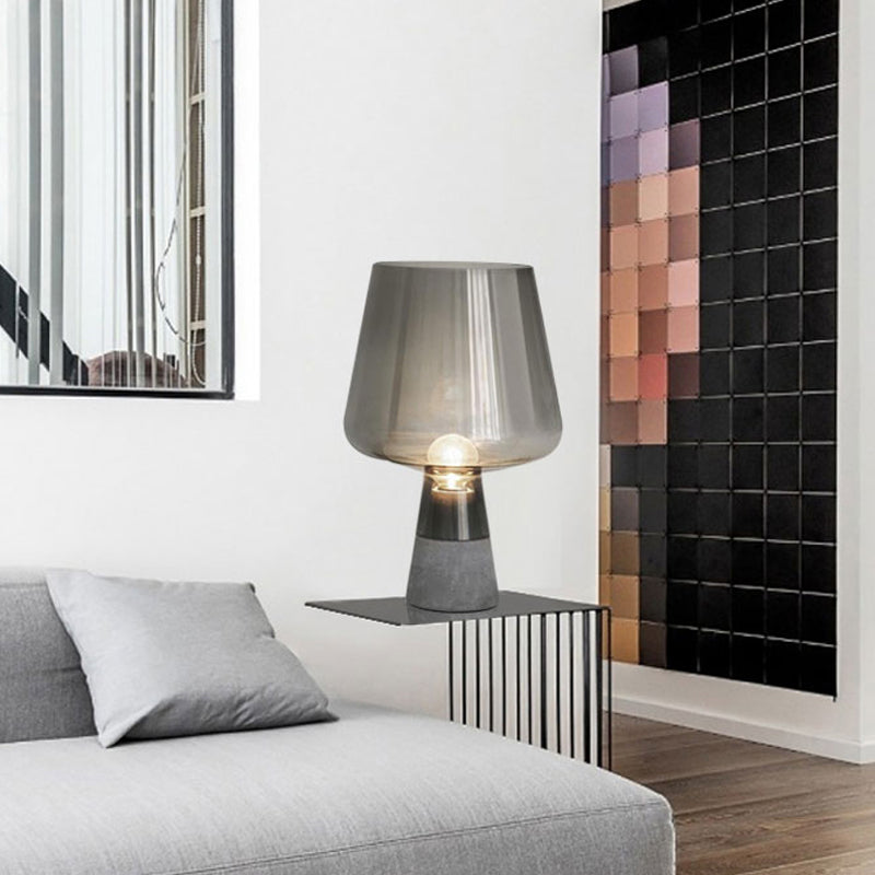 Modernism Cup Desk Light Cognac/Smoke Gray Glass 1 Head Bedside Table Lamp with Cement Base Clearhalo 'Lamps' 'Table Lamps' Lighting' 402478