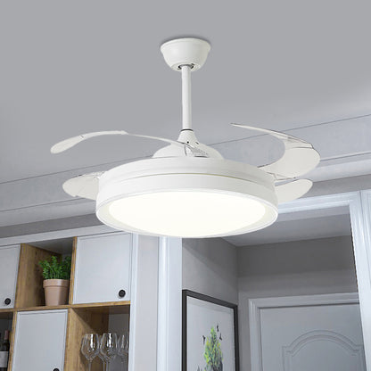 42" W White Circle Pendant Fan Light Minimalism LED Dining Room Semi Mount Lighting with 4 Blades, Wall/Remote Control/Wall and Remote Control White Clearhalo 'Ceiling Fans with Lights' 'Ceiling Fans' 'Modern Ceiling Fans' 'Modern' Lighting' 402485