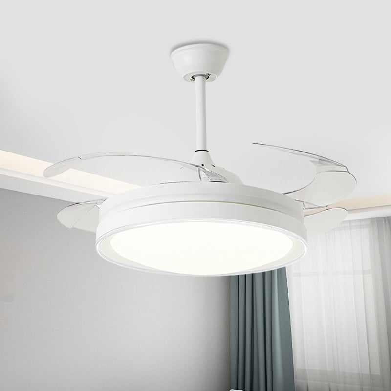 42" W White Circle Pendant Fan Light Minimalism LED Dining Room Semi Mount Lighting with 4 Blades, Wall/Remote Control/Wall and Remote Control Clearhalo 'Ceiling Fans with Lights' 'Ceiling Fans' 'Modern Ceiling Fans' 'Modern' Lighting' 402486