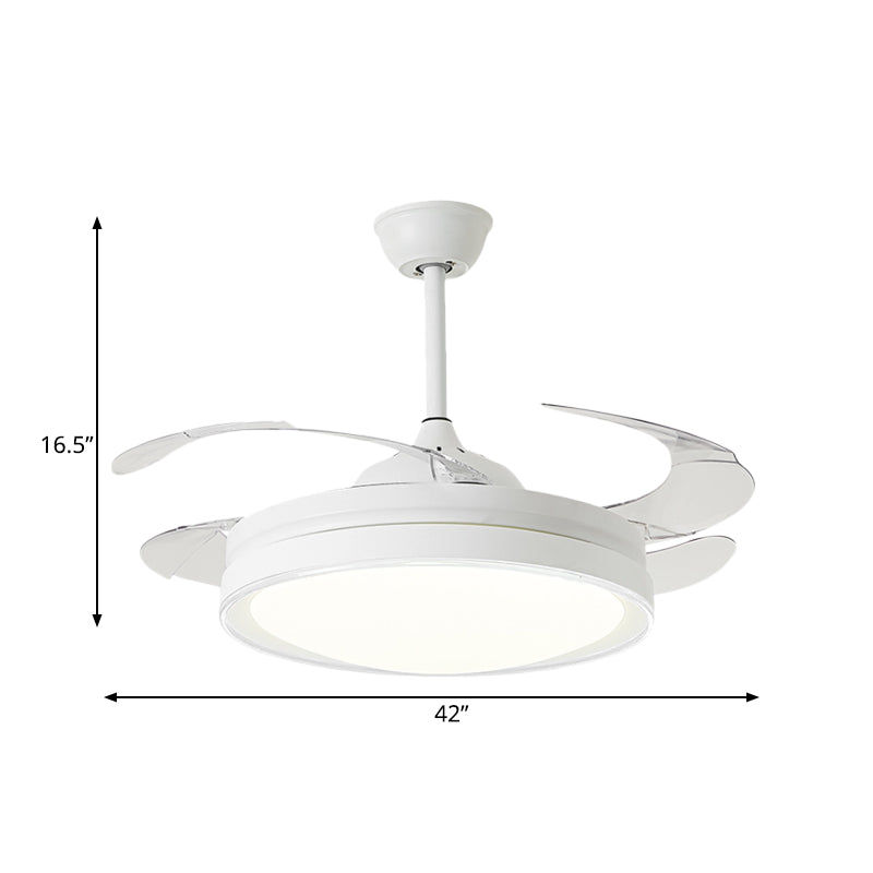 42" W White Circle Pendant Fan Light Minimalism LED Dining Room Semi Mount Lighting with 4 Blades, Wall/Remote Control/Wall and Remote Control Clearhalo 'Ceiling Fans with Lights' 'Ceiling Fans' 'Modern Ceiling Fans' 'Modern' Lighting' 402489