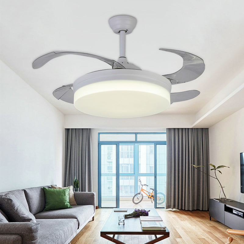 42" Wide Minimalism Round Pendant Fan Lighting LED Acrylic Semi Flush Mount Light in White with 4 Blades, Remote/Wall Control/Remote and Wall Control White Clearhalo 'Ceiling Fans with Lights' 'Ceiling Fans' 'Modern Ceiling Fans' 'Modern' Lighting' 402510