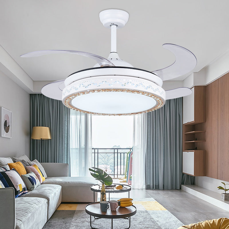 Acrylic Round Hanging Fan Lamp 42" W LED Living Room Semi Flush Mount Ceiling Light in White with 4 Blades, Remote/Wall Control/Remote and Wall Control White Clearhalo 'Ceiling Fans with Lights' 'Ceiling Fans' 'Modern Ceiling Fans' 'Modern' Lighting' 402605
