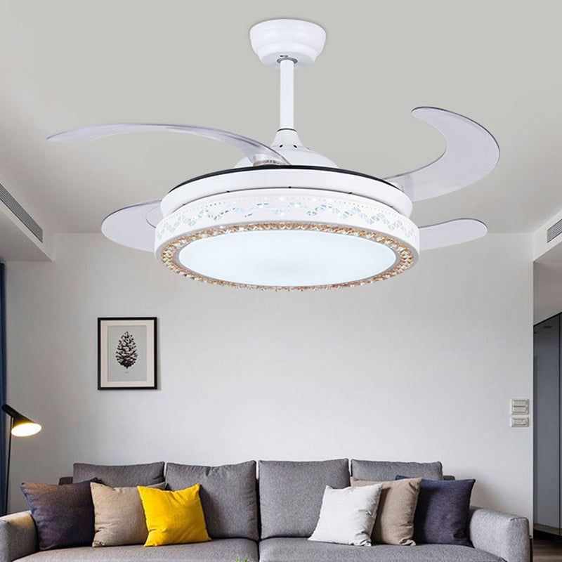 Acrylic Round Hanging Fan Lamp 42" W LED Living Room Semi Flush Mount Ceiling Light in White with 4 Blades, Remote/Wall Control/Remote and Wall Control Clearhalo 'Ceiling Fans with Lights' 'Ceiling Fans' 'Modern Ceiling Fans' 'Modern' Lighting' 402606