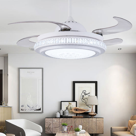 36" W Simple Circular Hanging Fan Lighting LED Acrylic Semi Flush Ceiling Light Fixture in White with 4 Blades, Remote/Wall Control/Remote and Wall Control White Clearhalo 'Ceiling Fans with Lights' 'Ceiling Fans' 'Modern Ceiling Fans' 'Modern' Lighting' 402615