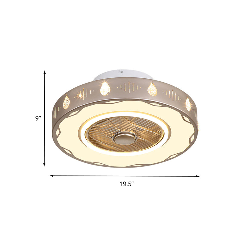 Circle Bedroom Semi Flush Mount Light Modern Acrylic LED Champagne Hanging Ceiling Fan Lamp, 19.5"/23.5" W Clearhalo 'Ceiling Fans with Lights' 'Ceiling Fans' 'Modern Ceiling Fans' 'Modern' Lighting' 402721