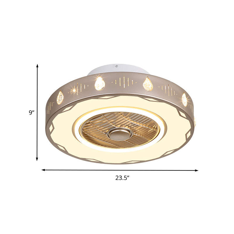 Circle Bedroom Semi Flush Mount Light Modern Acrylic LED Champagne Hanging Ceiling Fan Lamp, 19.5"/23.5" W Clearhalo 'Ceiling Fans with Lights' 'Ceiling Fans' 'Modern Ceiling Fans' 'Modern' Lighting' 402722
