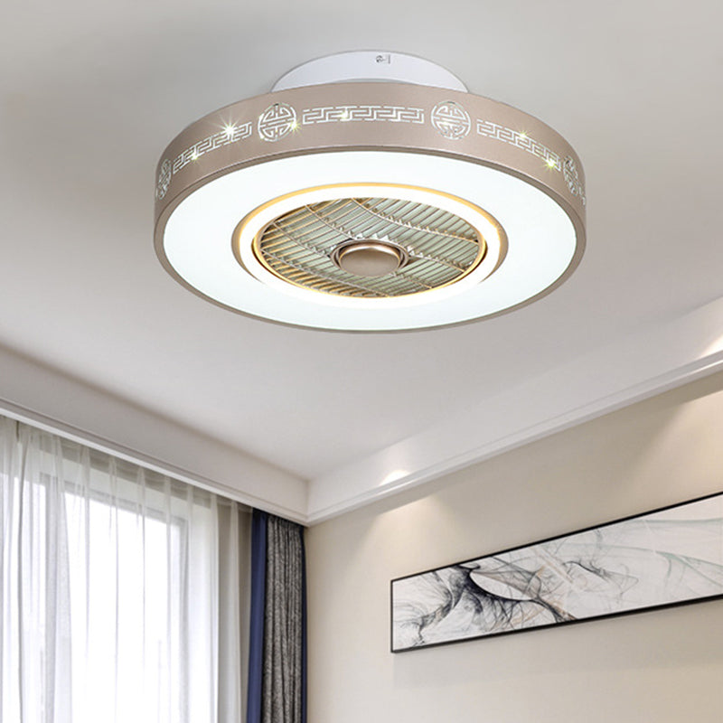 Light Gold Drum Semi Flushmount Minimalist Metallic 19.5"/23.5" Wide LED Bedroom Hanging Fan Light with Acrylic Shade Light Gold Clearhalo 'Ceiling Fans with Lights' 'Ceiling Fans' 'Modern Ceiling Fans' 'Modern' Lighting' 402734