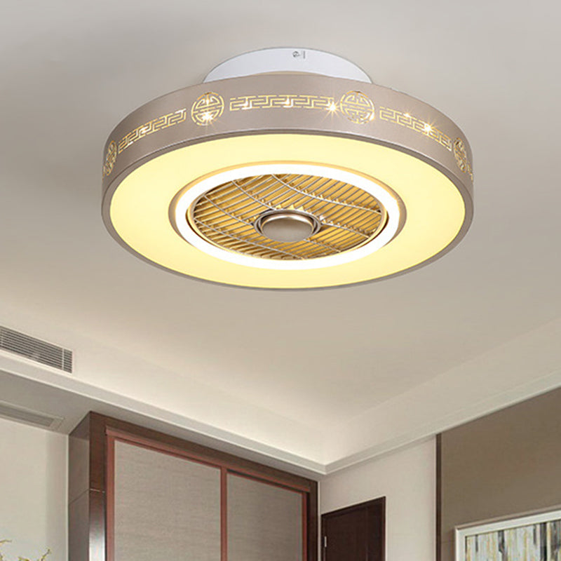 Light Gold Drum Semi Flushmount Minimalist Metallic 19.5"/23.5" Wide LED Bedroom Hanging Fan Light with Acrylic Shade Clearhalo 'Ceiling Fans with Lights' 'Ceiling Fans' 'Modern Ceiling Fans' 'Modern' Lighting' 402735