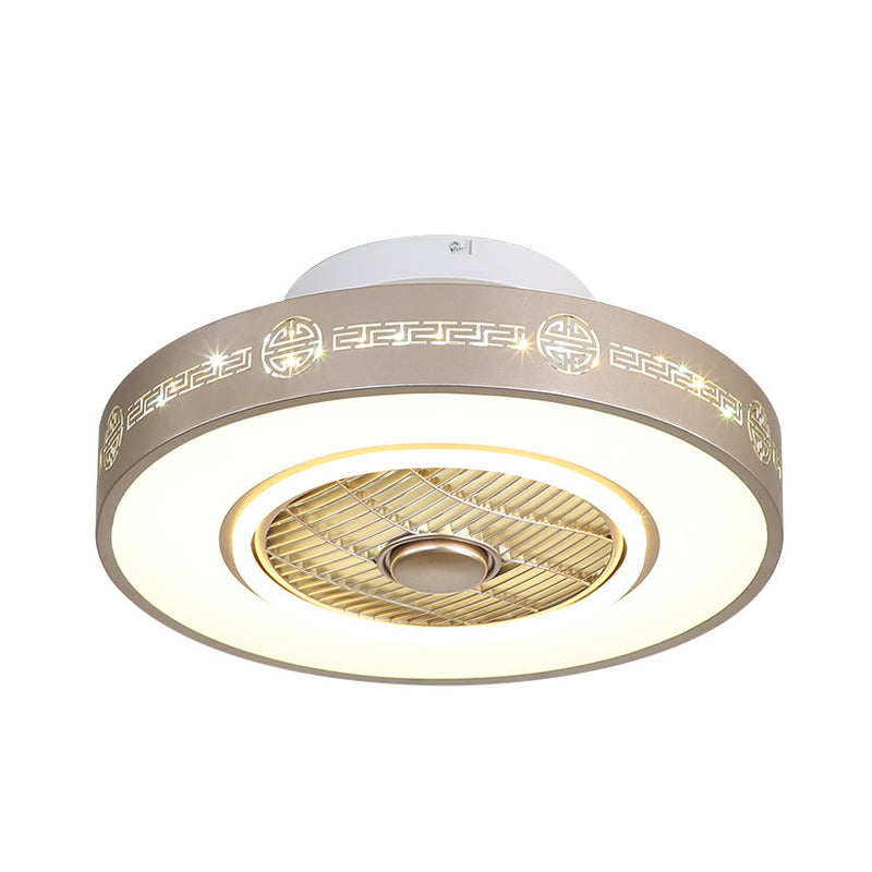 Light Gold Drum Semi Flushmount Minimalist Metallic 19.5"/23.5" Wide LED Bedroom Hanging Fan Light with Acrylic Shade Clearhalo 'Ceiling Fans with Lights' 'Ceiling Fans' 'Modern Ceiling Fans' 'Modern' Lighting' 402737