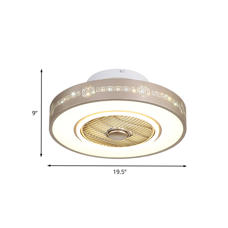 Light Gold Drum Semi Flushmount Minimalist Metallic 19.5"/23.5" Wide LED Bedroom Hanging Fan Light with Acrylic Shade Clearhalo 'Ceiling Fans with Lights' 'Ceiling Fans' 'Modern Ceiling Fans' 'Modern' Lighting' 402738