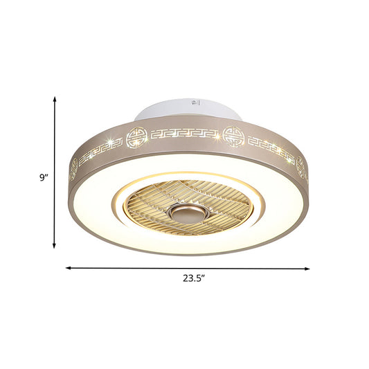 Light Gold Drum Semi Flushmount Minimalist Metallic 19.5"/23.5" Wide LED Bedroom Hanging Fan Light with Acrylic Shade Clearhalo 'Ceiling Fans with Lights' 'Ceiling Fans' 'Modern Ceiling Fans' 'Modern' Lighting' 402739