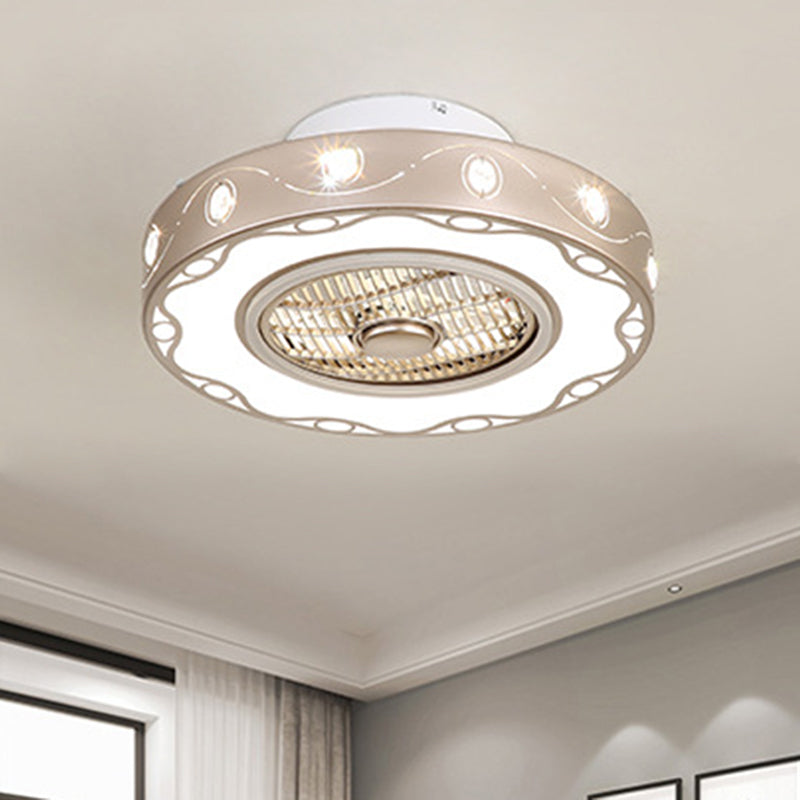 Metallic Drum Semi Flush Light Fixture Modern Bedroom LED Ceiling Pendant Fan Lamp in Light Gold, 19.5"/23.5" Wide Clearhalo 'Ceiling Fans with Lights' 'Ceiling Fans' 'Modern Ceiling Fans' 'Modern' Lighting' 402741