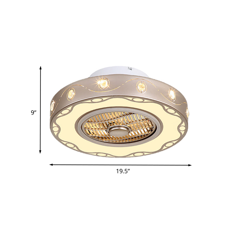 Metallic Drum Semi Flush Light Fixture Modern Bedroom LED Ceiling Pendant Fan Lamp in Light Gold, 19.5"/23.5" Wide Clearhalo 'Ceiling Fans with Lights' 'Ceiling Fans' 'Modern Ceiling Fans' 'Modern' Lighting' 402744