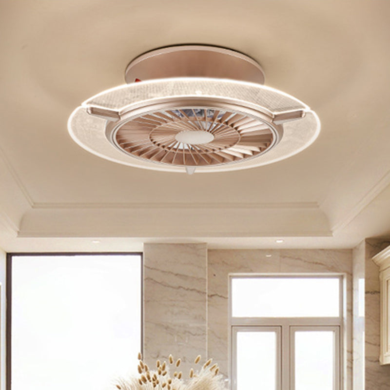 Gold/Silver LED Ceiling Fan Lighting Modernism Metal Round/Hexagon Semi Flushmount for Living Room, 23.5" Wide Gold Round Clearhalo 'Ceiling Fans with Lights' 'Ceiling Fans' 'Modern Ceiling Fans' 'Modern' Lighting' 402762