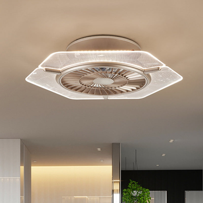 Gold/Silver LED Ceiling Fan Lighting Modernism Metal Round/Hexagon Semi Flushmount for Living Room, 23.5" Wide Gold Hexagon Clearhalo 'Ceiling Fans with Lights' 'Ceiling Fans' 'Modern Ceiling Fans' 'Modern' Lighting' 402770