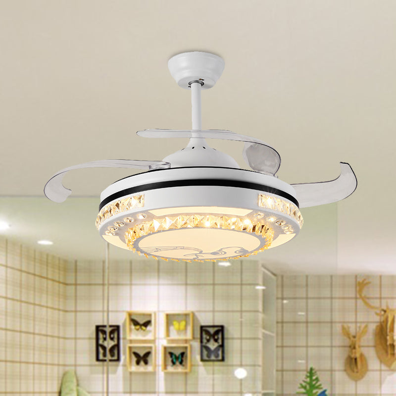 White LED Semi Flushmount Modernist Crystal Circle 3 Clear Blades Ceiling Fan Lamp with Four Rings/Musical Note Pattern, 42" Wide Clearhalo 'Ceiling Fans with Lights' 'Ceiling Fans' 'Modern Ceiling Fans' 'Modern' Lighting' 402784