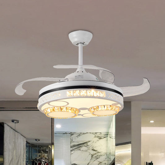 White LED Semi Flushmount Modernist Crystal Circle 3 Clear Blades Ceiling Fan Lamp with Four Rings/Musical Note Pattern, 42" Wide White Four Rings Clearhalo 'Ceiling Fans with Lights' 'Ceiling Fans' 'Modern Ceiling Fans' 'Modern' Lighting' 402788