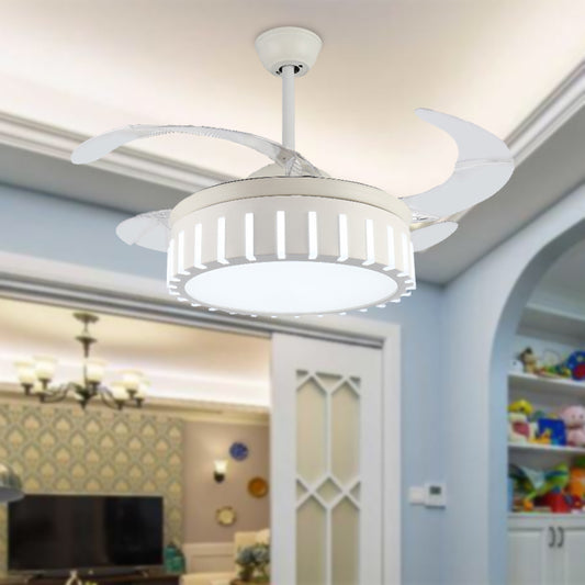Simple Drum Semi Flush Ceiling Lamp Metal LED Pendant Fan Light in White with 4 Clear Blades for Bedroom, 42" Wide White Clearhalo 'Ceiling Fans with Lights' 'Ceiling Fans' 'Modern Ceiling Fans' 'Modern' Lighting' 402801