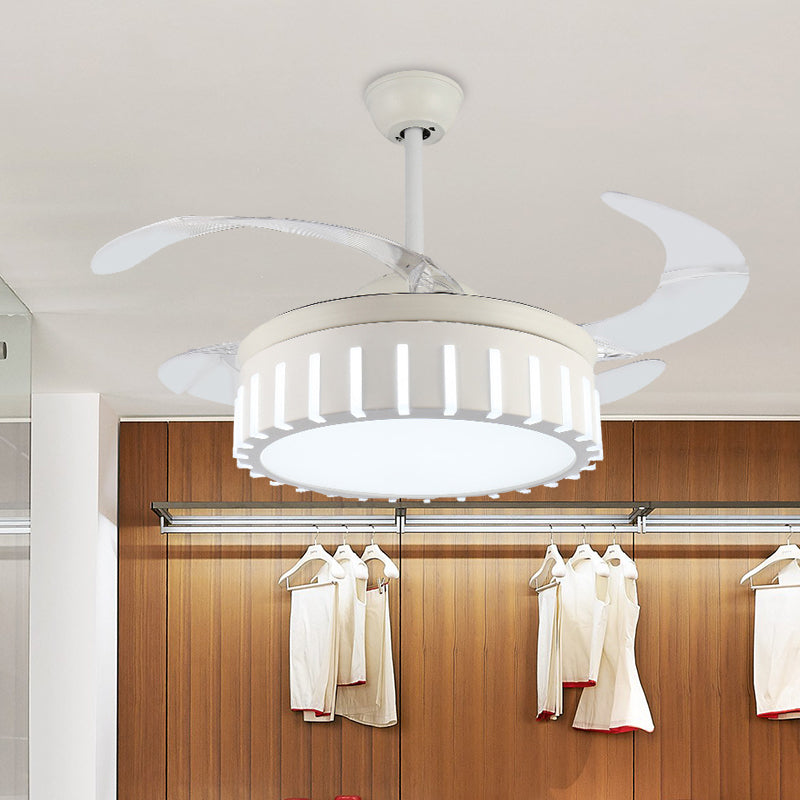 Simple Drum Semi Flush Ceiling Lamp Metal LED Pendant Fan Light in White with 4 Clear Blades for Bedroom, 42" Wide Clearhalo 'Ceiling Fans with Lights' 'Ceiling Fans' 'Modern Ceiling Fans' 'Modern' Lighting' 402802